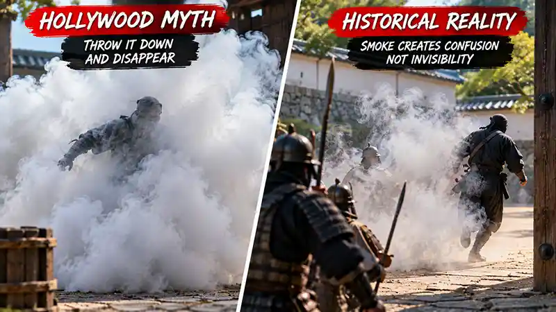 Ninja smoke bomb myth compared with the historical use of smoke to create confusion during an escape