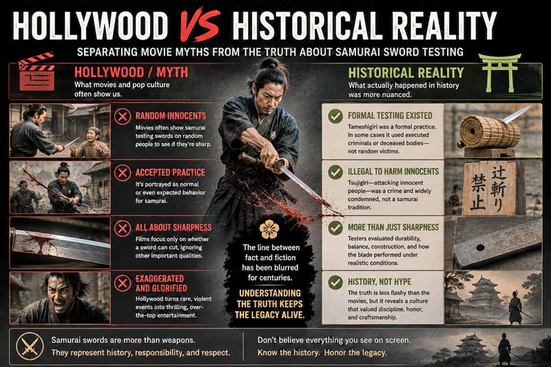 Infographic comparing Hollywood myths versus historical reality about samurai sword testing and tameshigiri.