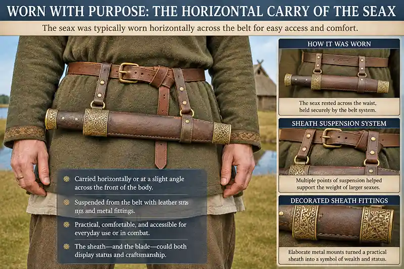 Seax carried horizontally in a decorated leather belt sheath