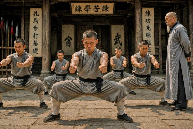 Martial arts students holding deep horse stances during endurance training while an instructor watches in a traditional dojo courtyard.