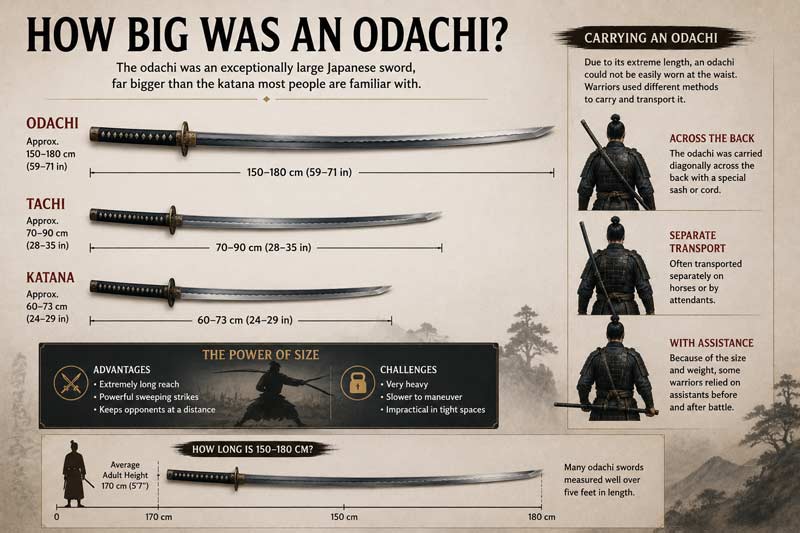 Infographic showing how big an odachi sword was, comparing its size to a tachi and katana, explaining carrying methods, and highlighting the advantages and challenges of giant samurai swords