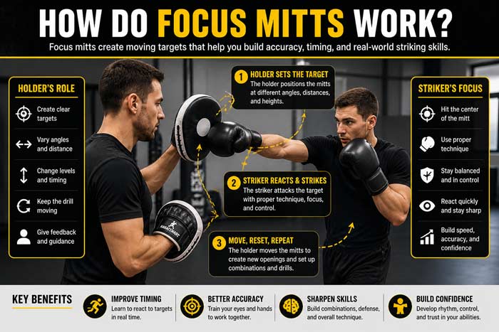 Infographic showing how focus mitts work with holder and striker roles, movement, and timing drills in a training session