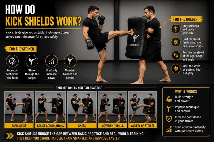 Infographic showing how kick shields work with holder positioning, striking technique, and power training drills