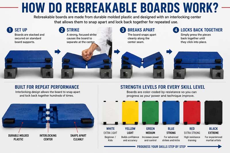 Infographic showing how rebreakable boards work, including how martial arts breaking boards snap apart, relock, and progress by color-coded strength levels