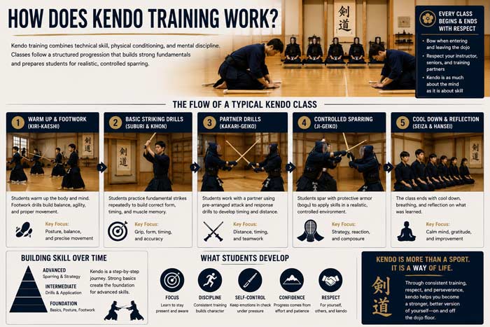 Infographic explaining how kendo training works, featuring footwork drills, striking practice, partner exercises, sparring, and traditional Japanese martial arts instruction