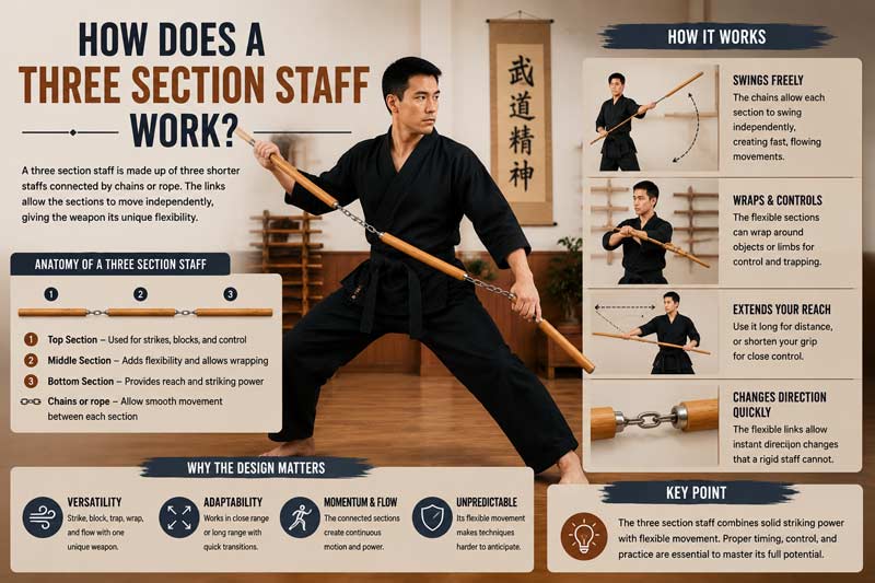 Infographic explaining how a three section staff works, showing its flexible connected sections, movement patterns, reach, control techniques, and how this martial arts weapon differs from a rigid bo staff in training and handling