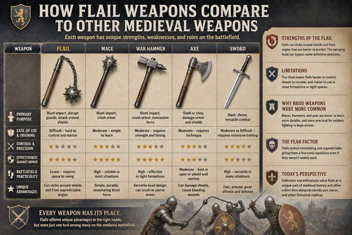 Infographic comparing medieval flail weapons to swords, maces, war hammers, and axes with historical battle details