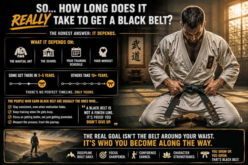 Infographic showing how long it really takes to earn a black belt and why consistency matters more than speed.