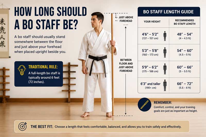 Infographic explaining how long a bo staff should be, showing recommended staff lengths by height, traditional sizing rules, and how to choose the best bo staff size for training and comfort