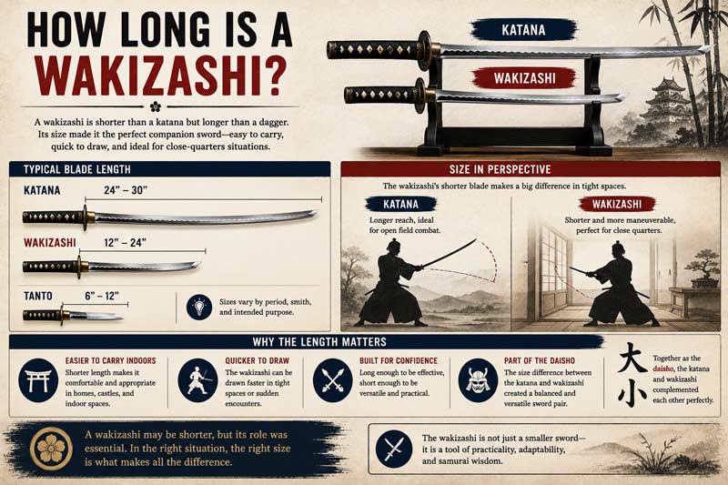 Infographic showing wakizashi sword length compared to a katana and tanto, explaining blade size, close-quarters use, and the traditional daisho sword pairing