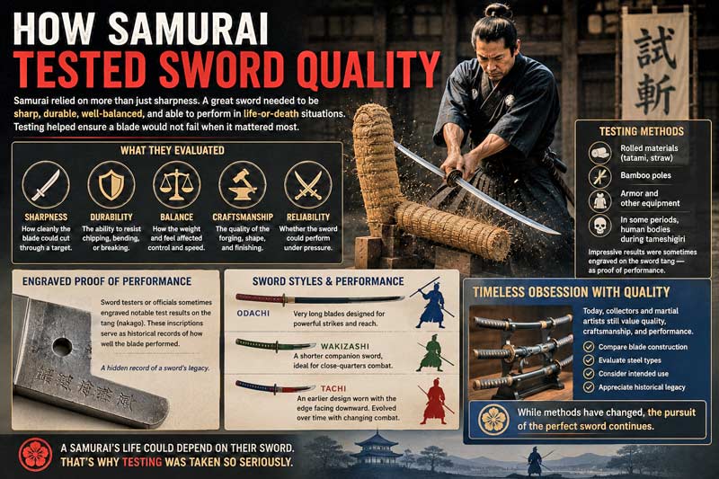 Infographic explaining how samurai tested sword quality, including sharpness, durability, and the history of tameshigiri.