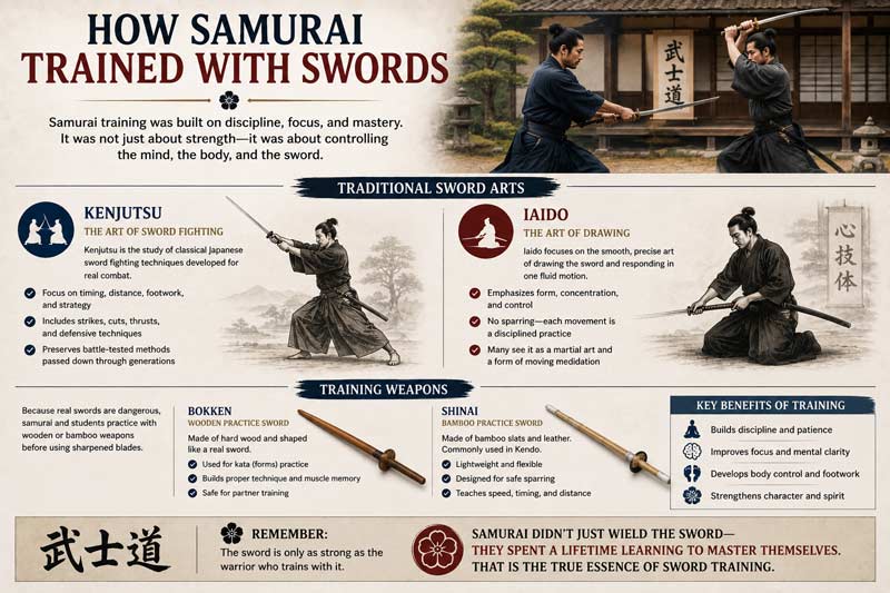 Infographic showing how samurai trained with swords, featuring kenjutsu, iaido, bokken, and shinai training methods in Japan