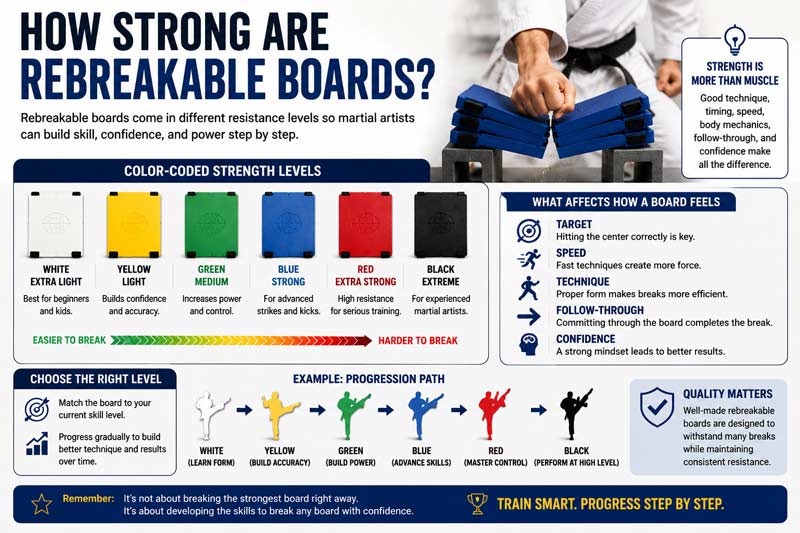 Infographic showing rebreakable board strength levels by color, explaining how technique, speed, and confidence affect martial arts board breaking success