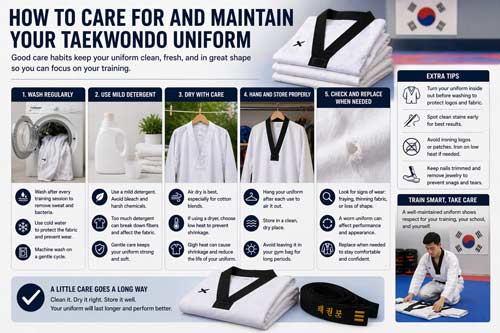 Taekwondo uniform care guide showing washing, drying, and storage tips