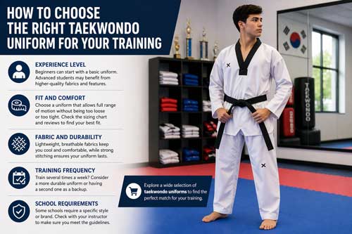 Infographic showing how to choose the right Taekwondo uniform.