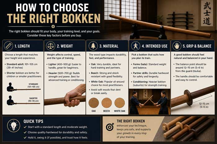 Infographic showing how to choose the right bokken based on length, weight, material, and intended use