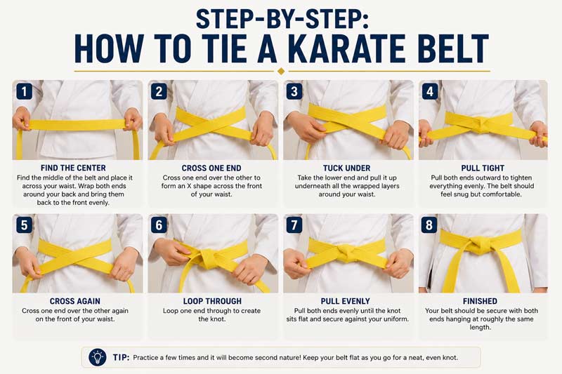 Step-by-step infographic showing how to tie a karate belt using a yellow martial arts belt and beginner instructions