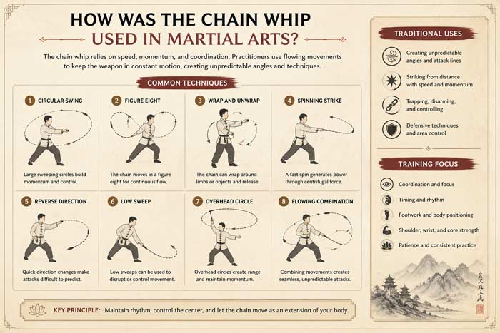 Infographic illustrating traditional chain whip martial arts techniques, training concepts, and flowing movement patterns in kung fu practice