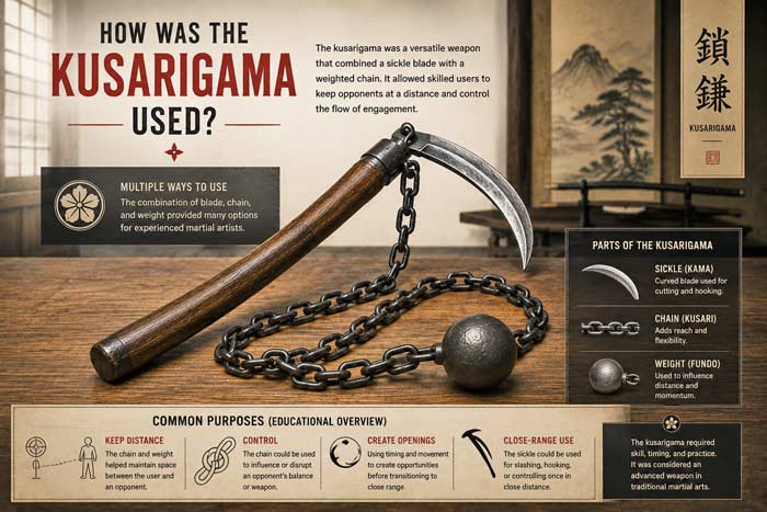 Educational infographic showing a traditional Japanese kusarigama with labeled parts including the sickle blade, chain, and weighted end in a dojo setting