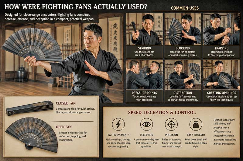 Martial artist demonstrating fighting fan techniques in an instructional infographic showing blocking, striking, and defensive movements in a dojo