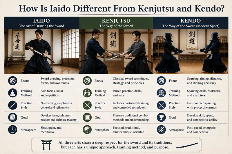 Infographic comparing iaido, kenjutsu, and kendo, highlighting differences in training style, sparring, sword techniques, and traditional Japanese martial arts philosophy