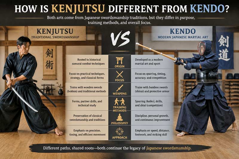 Infographic comparing kenjutsu and kendo, highlighting differences in training methods, equipment, philosophy, and traditional Japanese swordsmanship practices