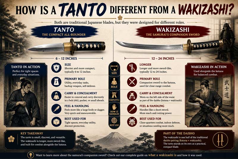 Infographic comparing tanto and wakizashi blades, showing differences in size, purpose, handling, concealment, and their roles in samurai culture and the daisho pairing
