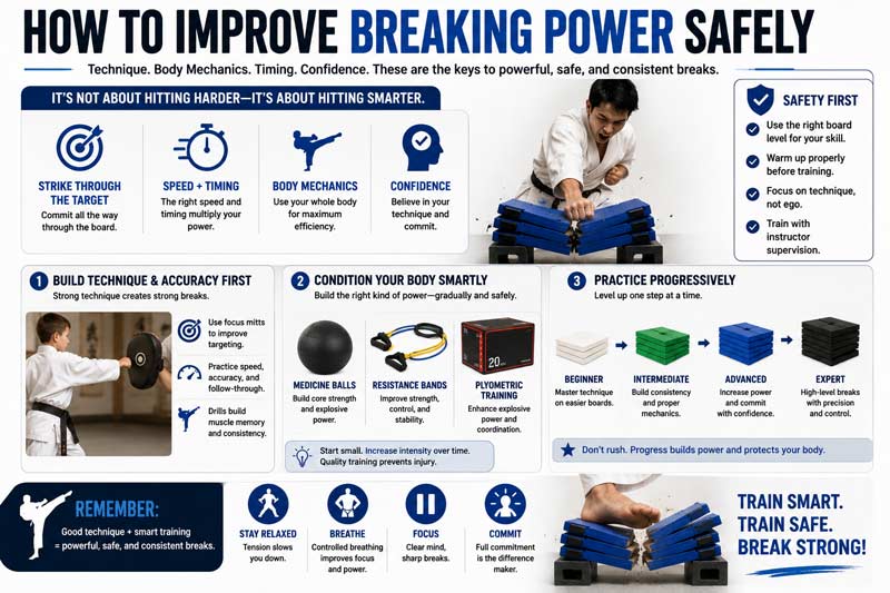 Infographic showing safe ways to improve martial arts board breaking power through technique, timing, conditioning, focus mitt training, and gradual progression