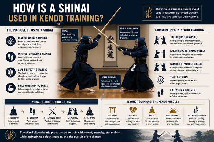 Infographic explaining how shinai are used in kendo training, featuring sparring drills, protective armor, footwork practice, and traditional Japanese martial arts instruction