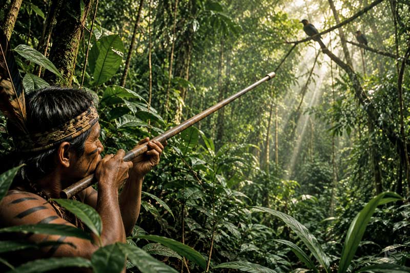 Indigenous hunter using a blowgun to silently hunt birds in a tropical rainforest