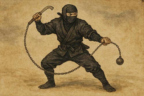 Ninja holding a kusarigama in a ready stance with the chain extended