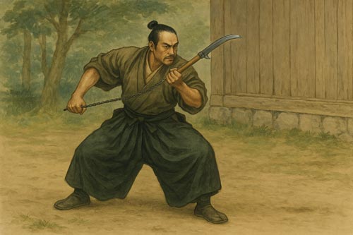 Illustrated Samurai with Kusarigama Weapon