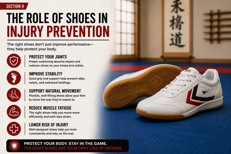 Infographic showing martial arts shoes can prevent injury.