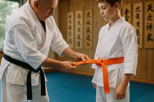 sensei giving a student a belt during a promotion