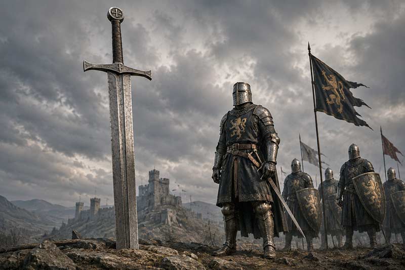 Epic battlefield with knights and sword