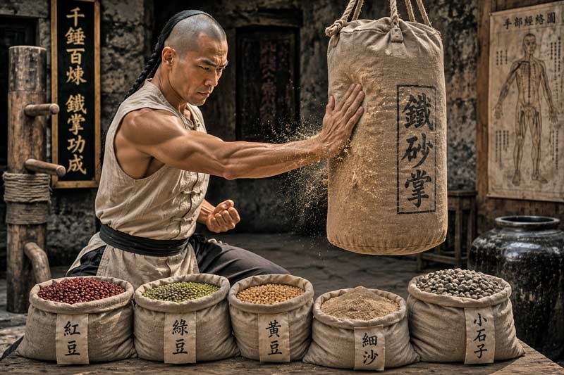 Martial artist practicing traditional iron palm training by striking a hanging conditioning bag surrounded by beans, sand, and gravel in an old training hall.