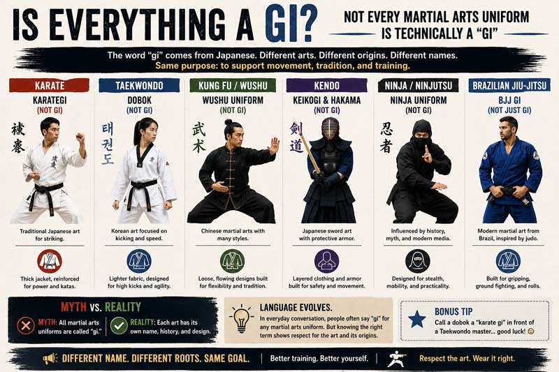 Comparison infographic showing karate, taekwondo, kung fu, kendo, ninja, and jiu-jitsu uniforms and their proper names.