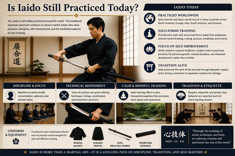 Infographic explaining modern iaido practice, featuring solo sword forms, traditional Japanese dojo training, martial arts uniforms, and disciplined samurai-inspired techniques