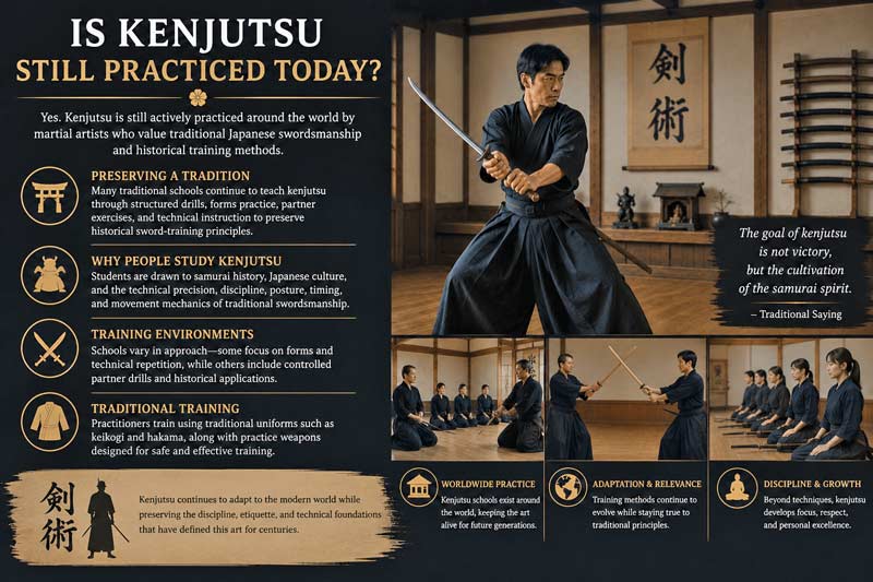 Infographic explaining modern kenjutsu practice, featuring traditional Japanese swordsmanship training, dojo drills, martial arts uniforms, and historical samurai-inspired techniques