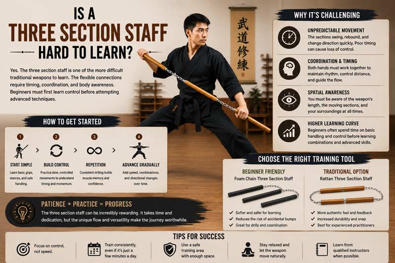 Infographic explaining whether a three section staff is hard to learn, showing beginner challenges like timing and coordination, training tips, and beginner-friendly foam versus traditional rattan three section staff options