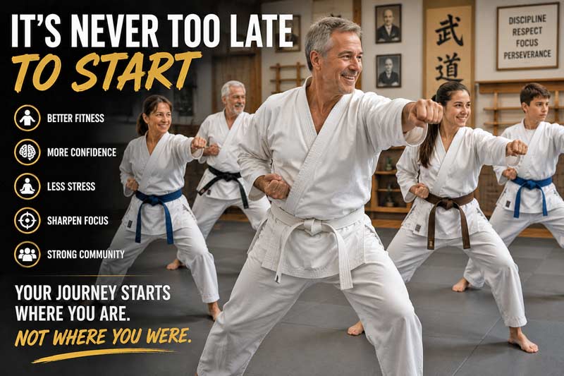 Adults of different ages training together in a martial arts class, showing that it is never too late to start martial arts.