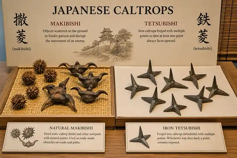 Japanese makibishi and iron tetsubishi caltrops on display