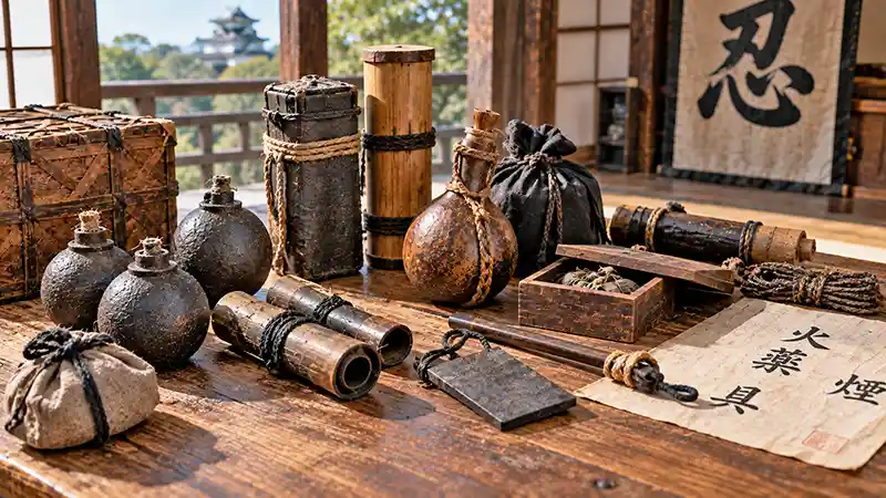 Historical Japanese smoke, fire, and utility tools displayed on a wooden table
