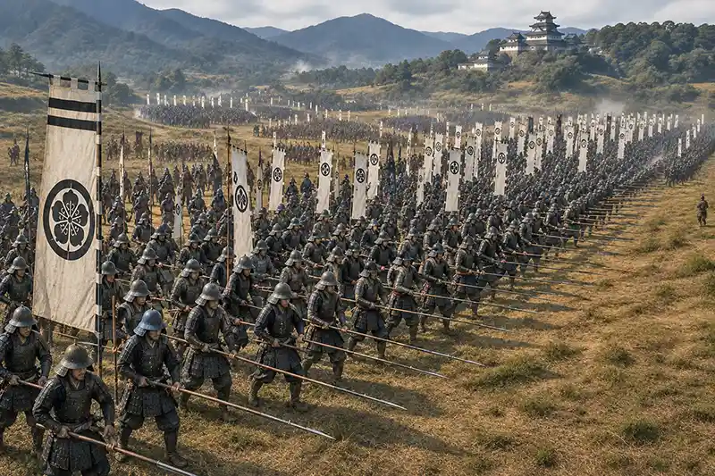 Large formation of ashigaru soldiers advancing with yari spears beneath samurai banners during the Sengoku period.