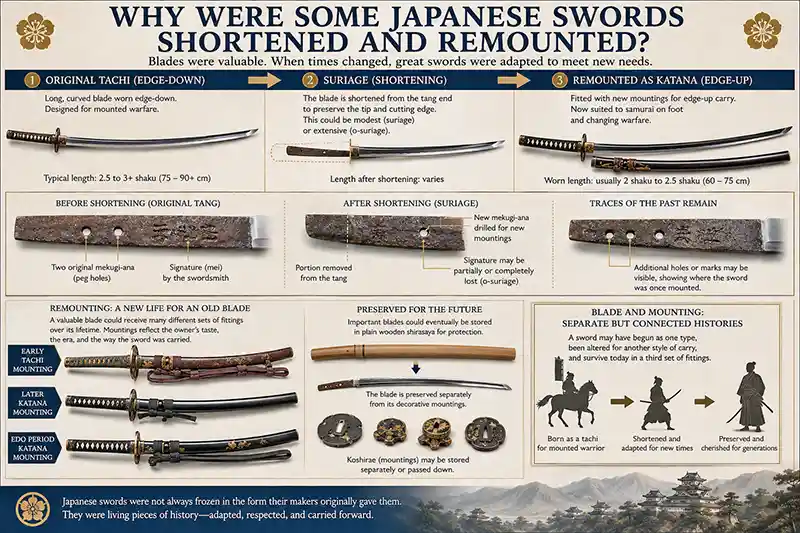 Japanese tachi shortened and remounted as a katana through suriage