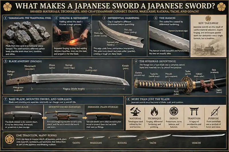 Japanese sword construction, blade anatomy, hamon, and traditional mountings
