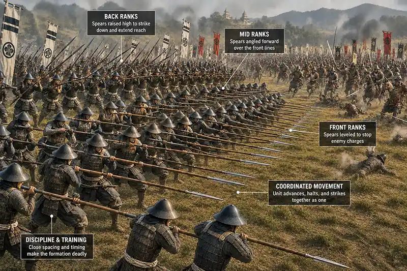 Ashigaru soldiers demonstrating coordinated yari spear formations during a battle in feudal Japan.