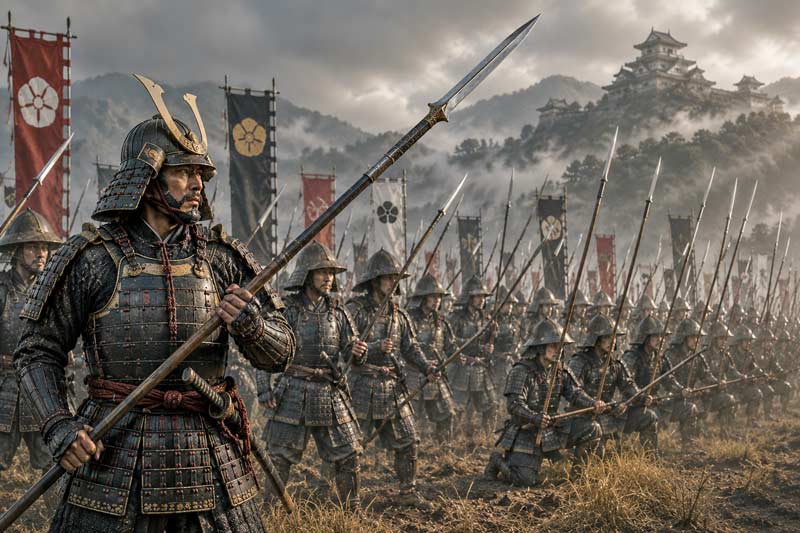 Samurai and ashigaru soldiers holding yari spears on a feudal Japanese battlefield