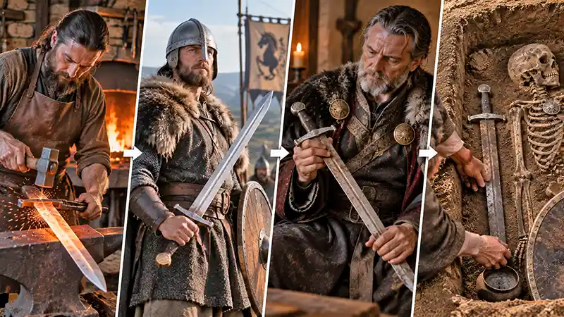 Sword passing from its original warrior to an heir before eventually being buried with a later owner