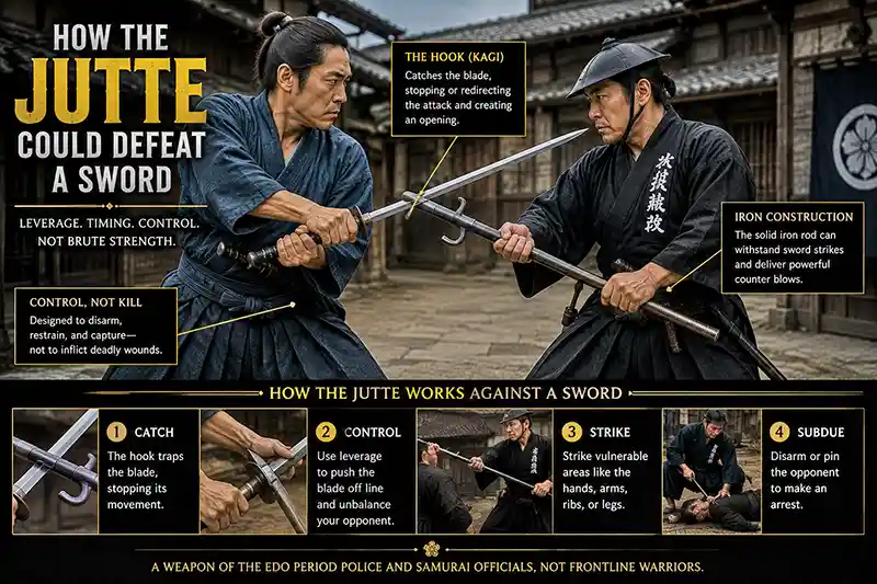 Jutte trapping a katana during an Edo-period sword defense demonstration.
